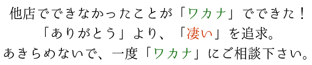 他店でできながったことが「ワカナ」でできた！「ありがとう」より「凄い」を追求。あきらめないで、一度「ワカナ」にご相談下さい。